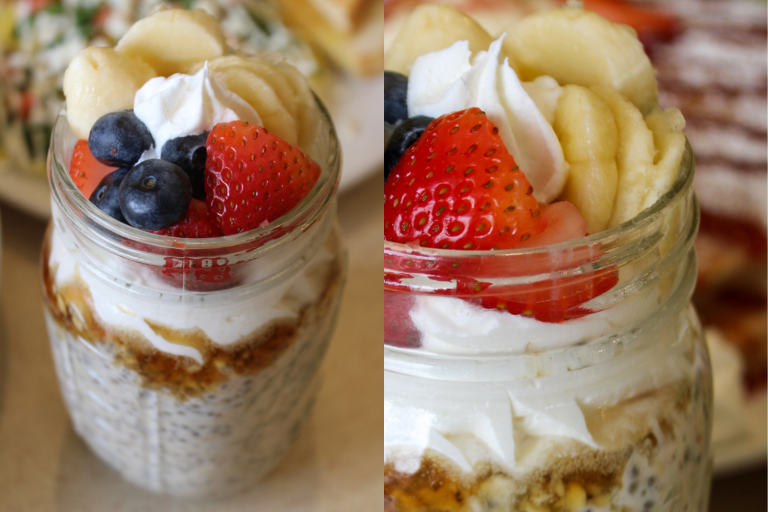 Two close-up images of Scramblers’ Sweet Overnight Oats. Served with syrup, whipped cream, fresh berries, and bananas layered on top to make the perfect carryout breakfast.