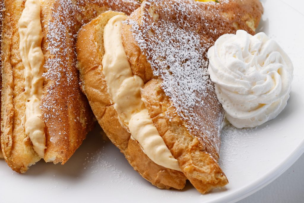 A close-up of Scramblers' new Pumpkin-Stuffed French Toast, available as part of the fall menu.