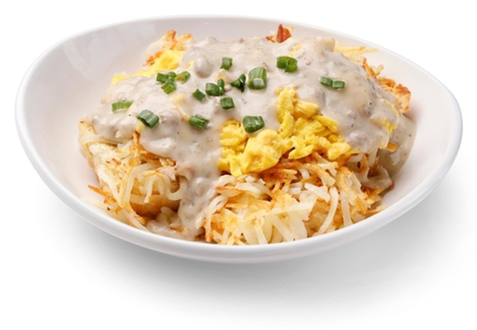 Big Country breakfast at Scramblers Strongsville: biscuits and sausage gravy over hash browns with scrambled eggs